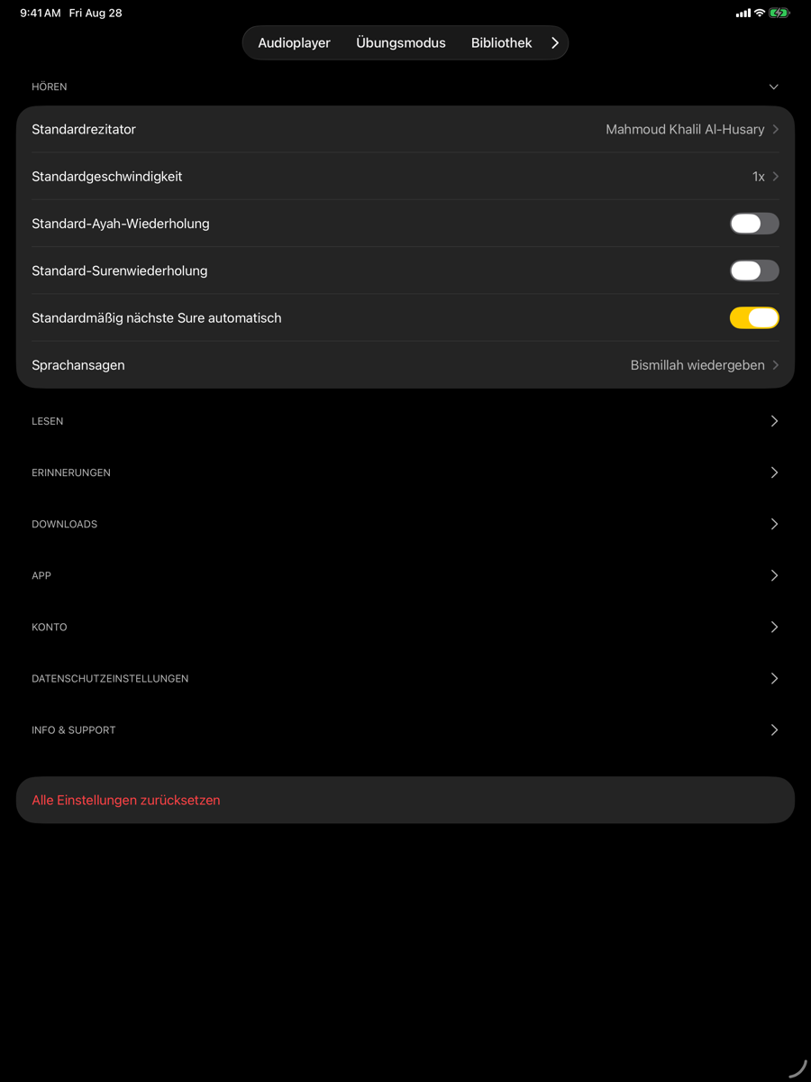 Settings screen — iPad