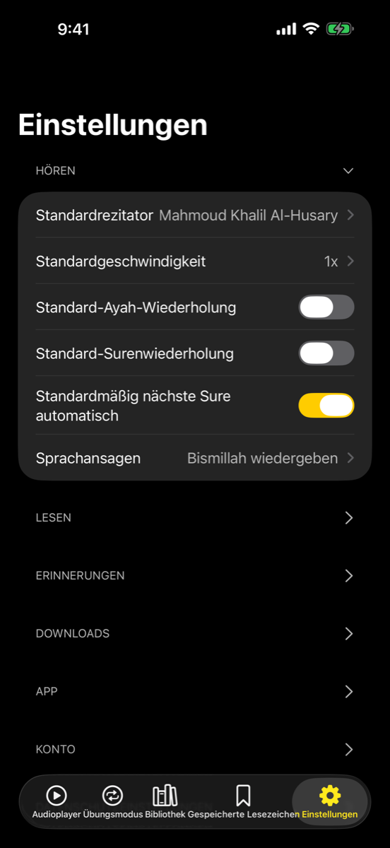 Settings screen — iPhone