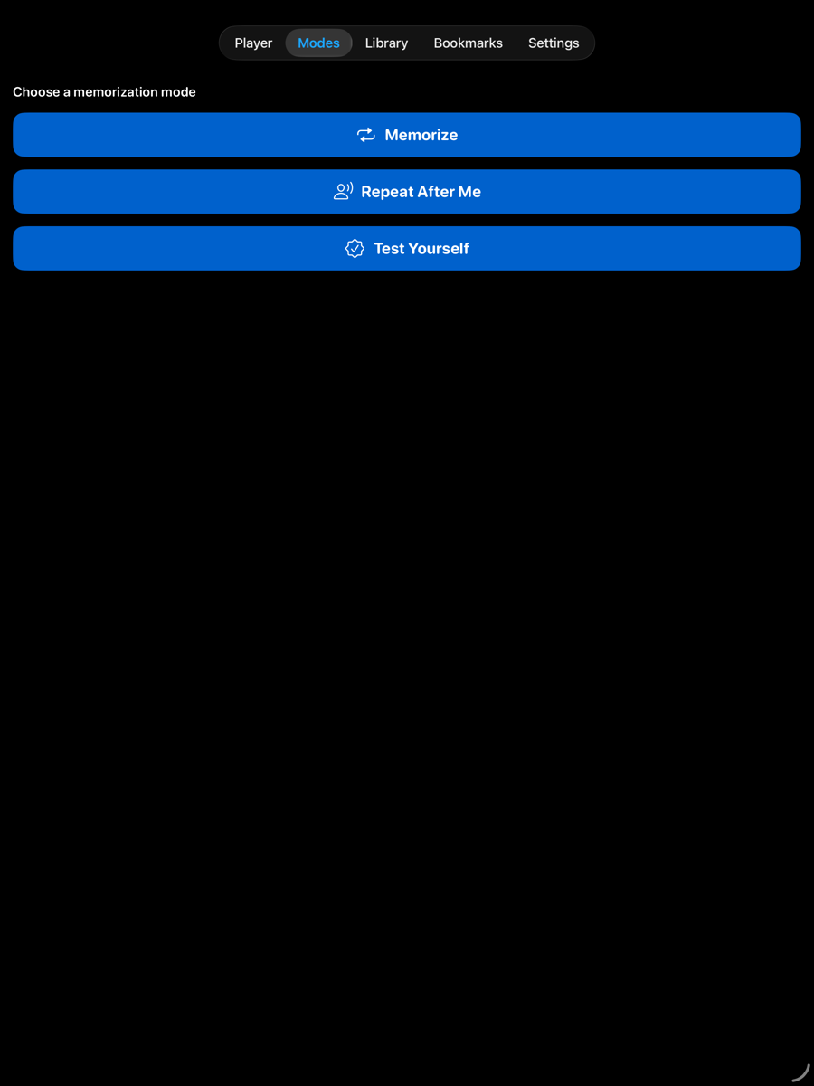 Modes screen — iPad