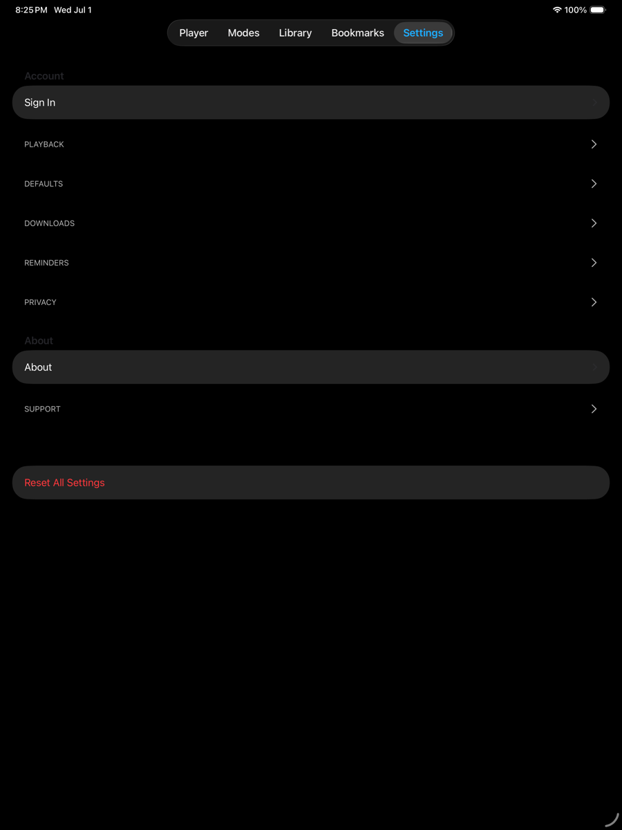 Settings screen — iPad