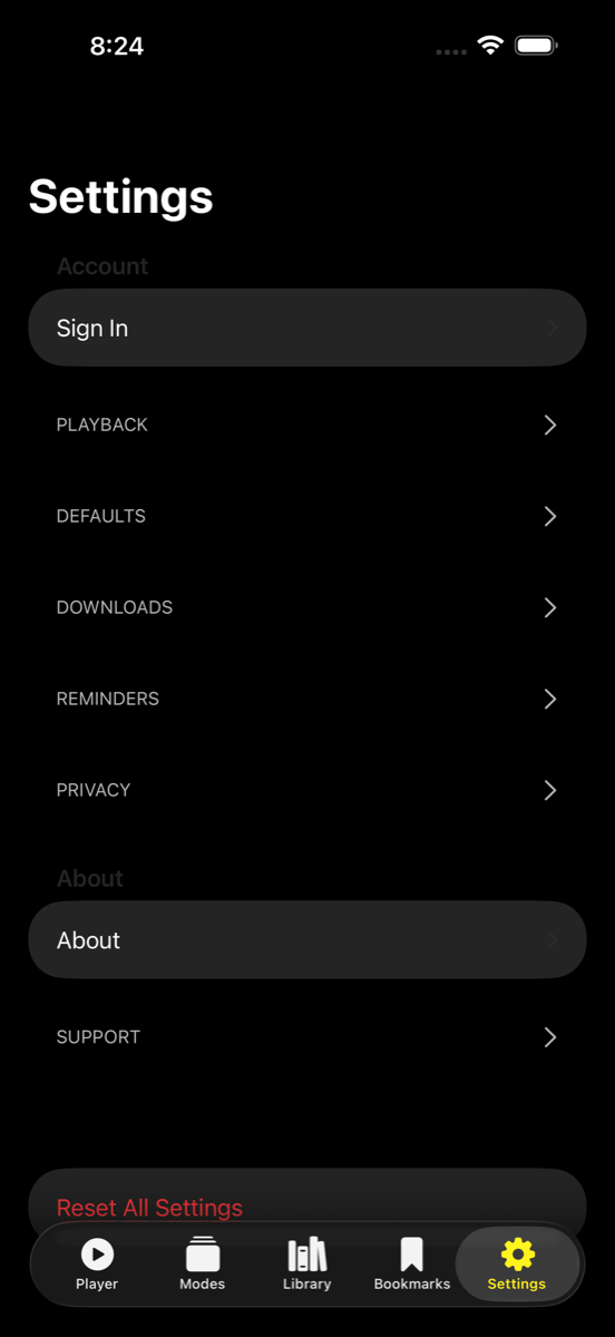 Settings screen — iPhone