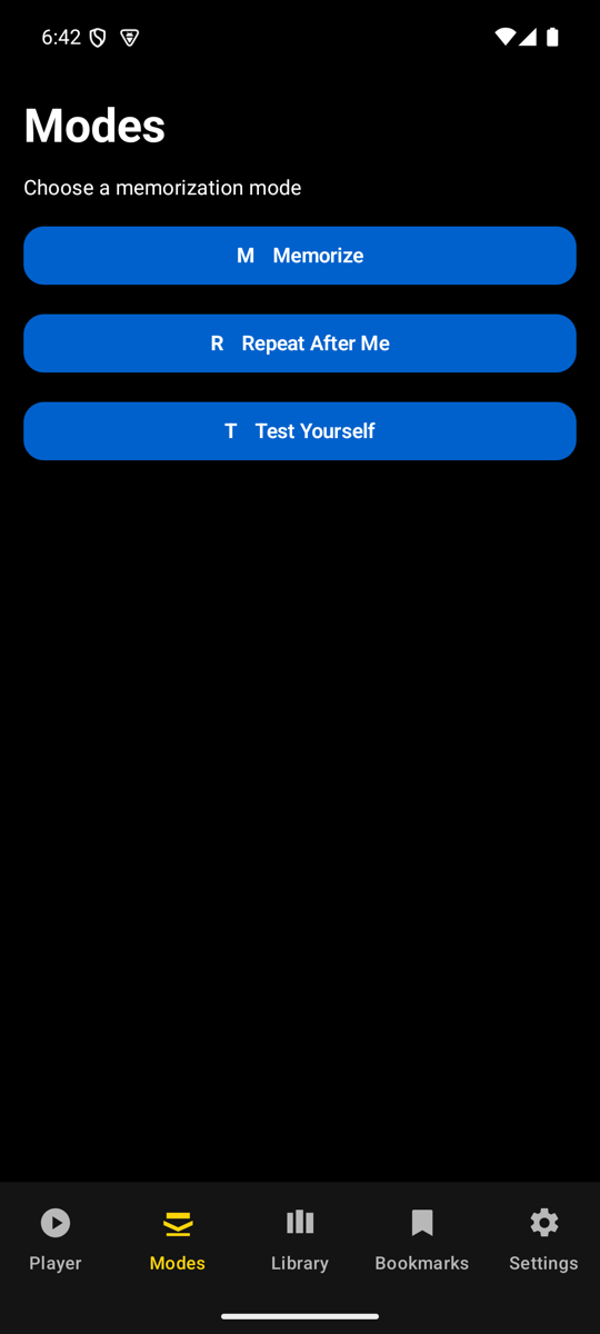 Modes screen — Phone