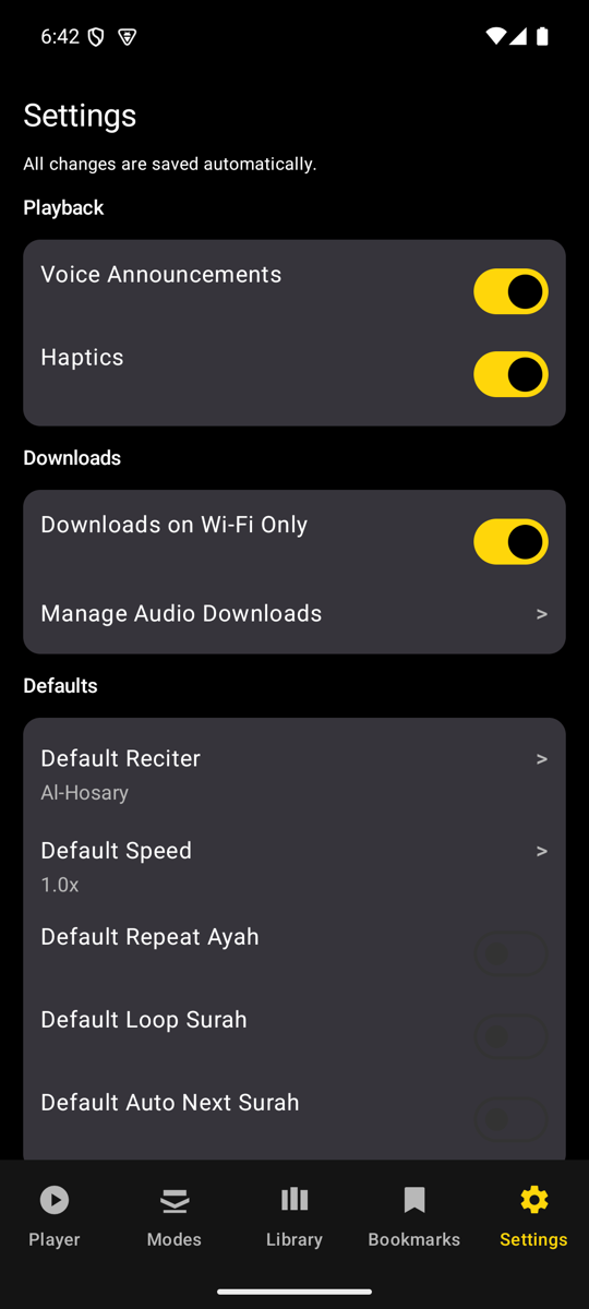 Settings screen — Phone