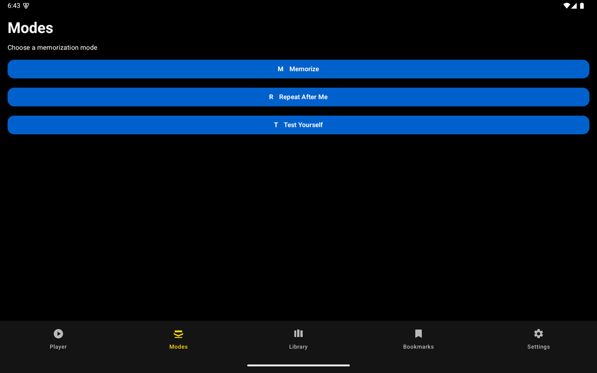 Modes screen — Tablet