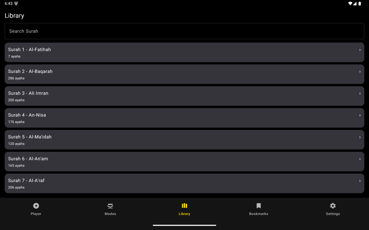 Library screen — Tablet