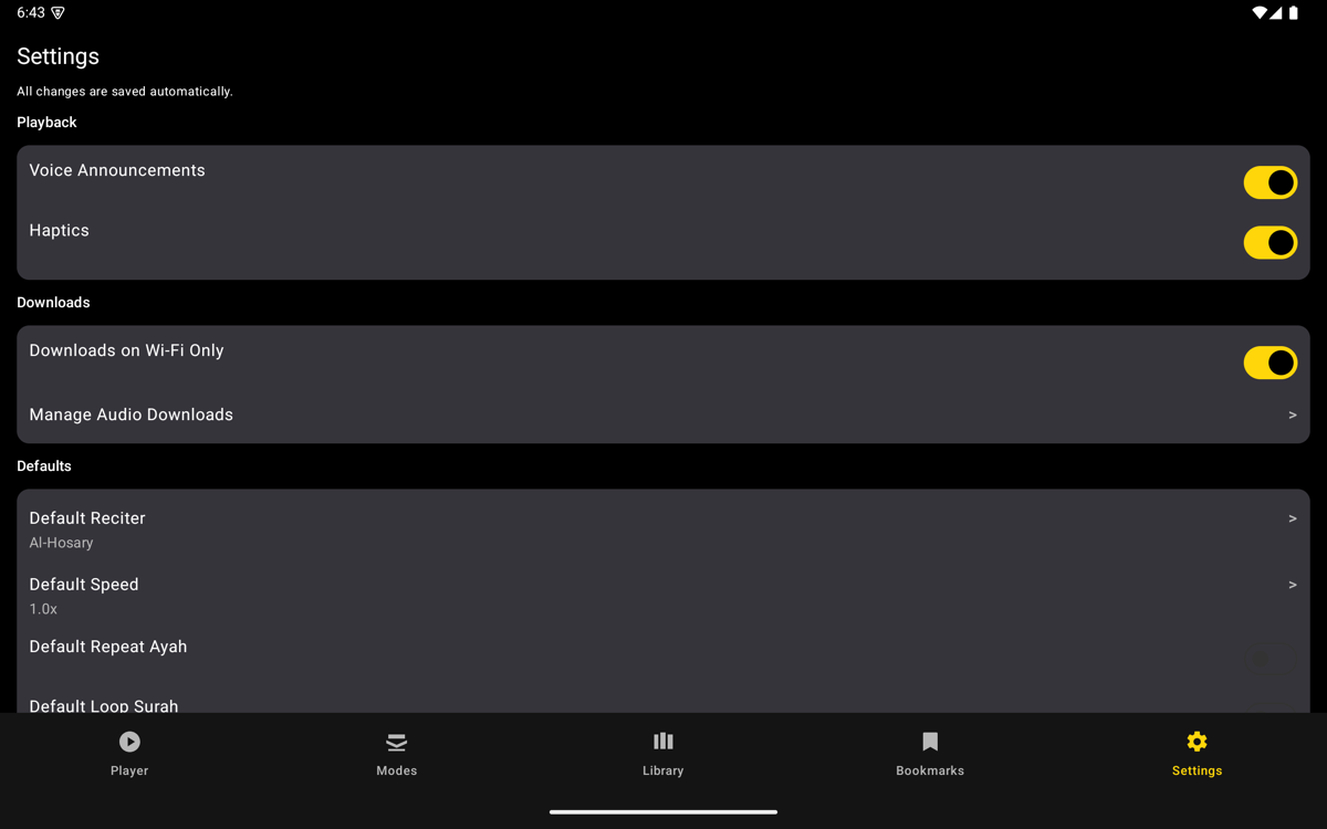 Settings screen — Tablet