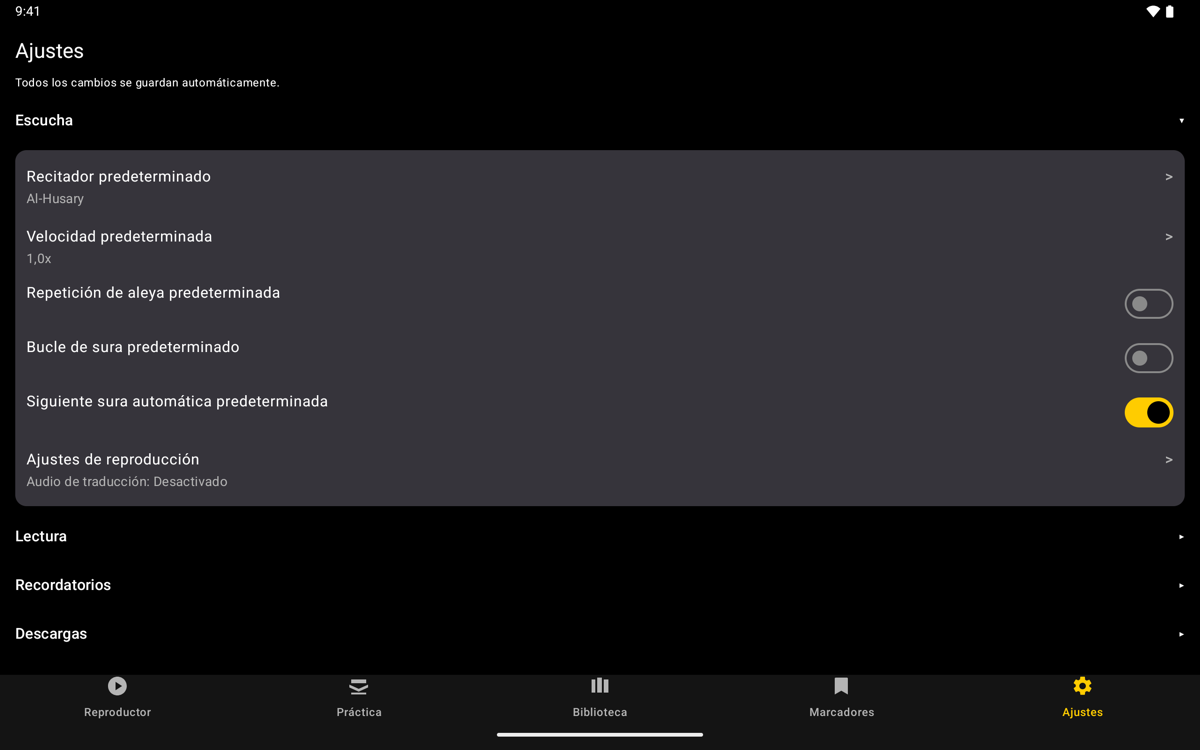 Settings screen — Tablet
