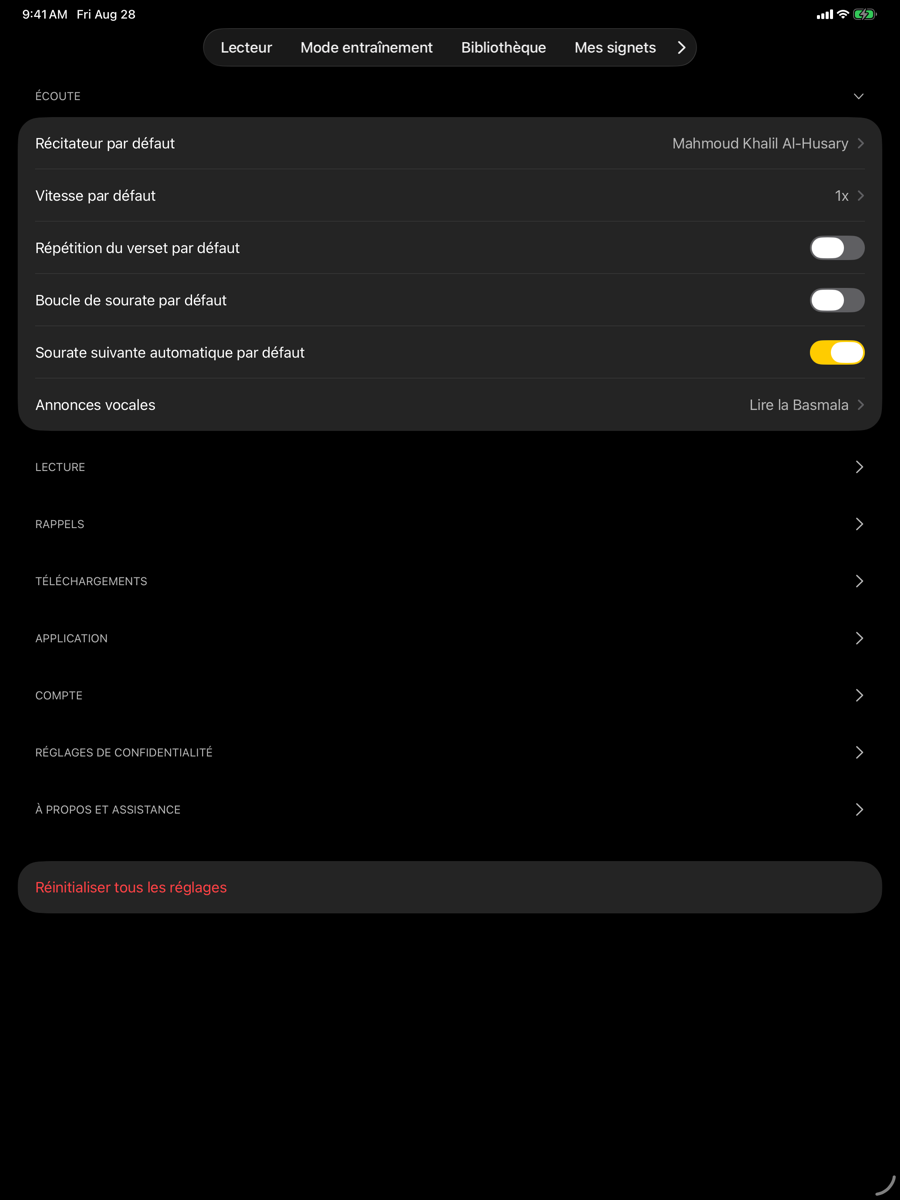 Settings screen — iPad