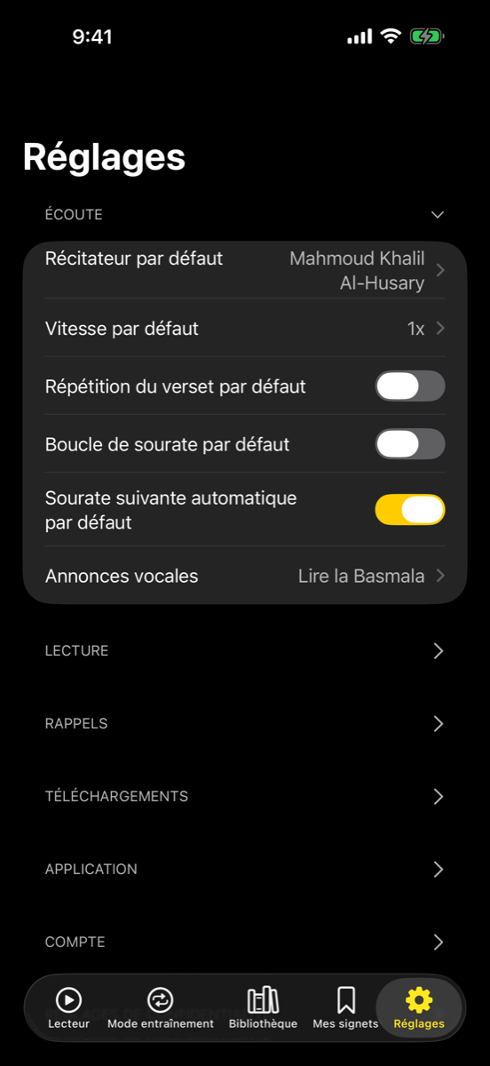 Settings screen — iPhone