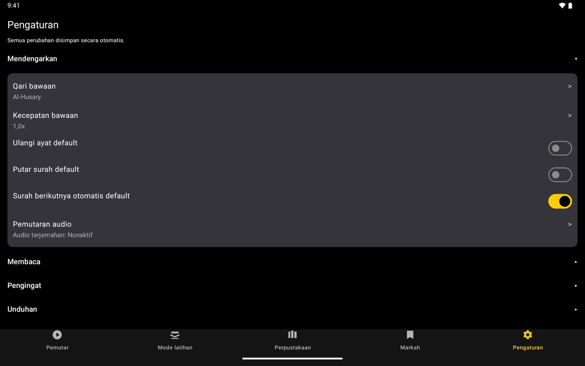Settings screen — Tablet