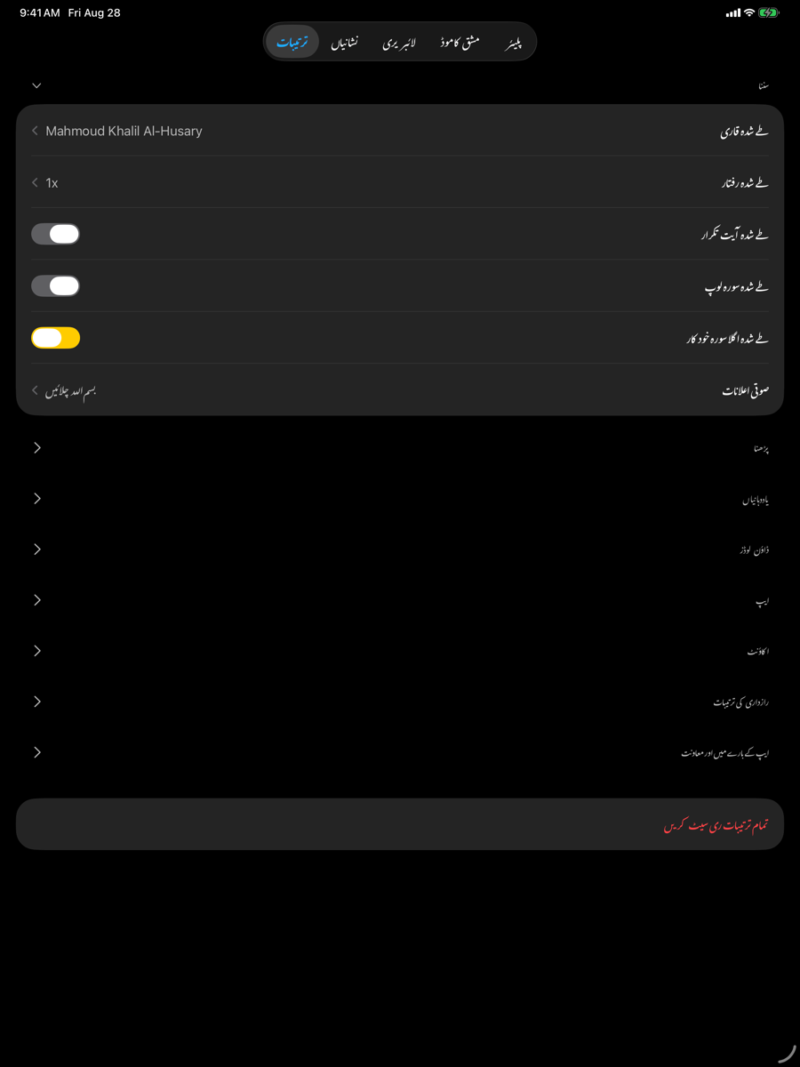 Settings screen — iPad